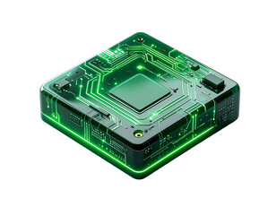 Illuminated isometric circuit board glowing green on black background