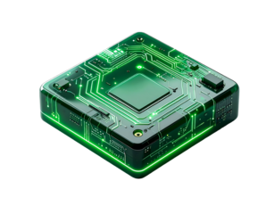 Illuminated isometric circuit board glowing green on black background