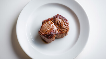 白い丸皿のセンターに配置されたミニマルで高級感のある厚切りビーフステーキの俯瞰ショット