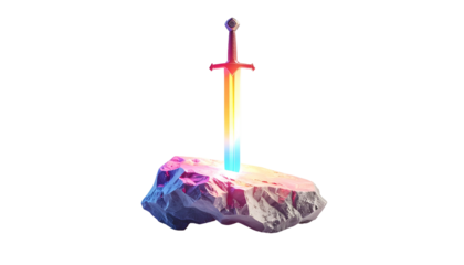 Colorful sword in stone glows against a black backdrop