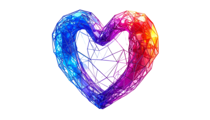 A vibrant, geometric heart, transitioning from blue to red, on black