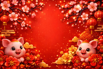 Cute pigs in red flowers and lanterns for Chinese New Year
