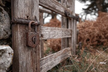 Aged wooden gate with lock