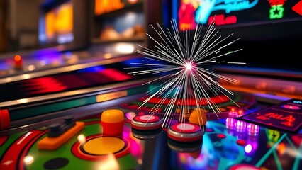 pinball. A silver pinball in motion on a vibrant playfield hitting a bumper. event key visuals, club posters, designed for sports event promotions and stadium branding, supports training.