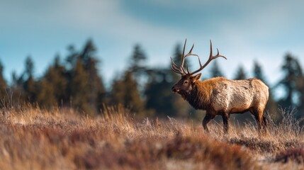 Majestic Elk Roaming Freely Through Golden Meadow at Dusk, Wilderness Habitat