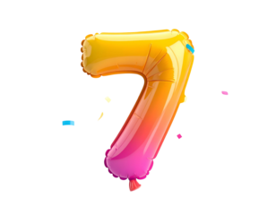 Gradient-colored inflated number seven balloon floating on black