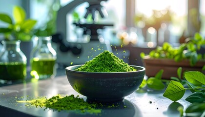 A close-up shot of a dark bowl filled with vibrant green powder. The powder is likely a culinary ingredient. The scene has a lab setting