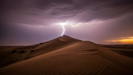 Dramatic lightning bolt striking the peak of a sand dune during a desert storm with dark purple clouds