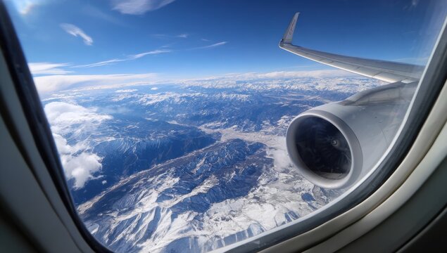 Aerial view of snow-capped mountains from an airplane window - Powered by Adobe