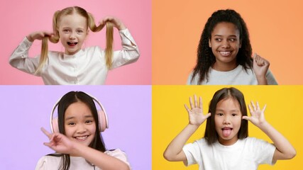 A group of diverse children showcases a range of joyful expressions against colorful backgrounds. Each child displays unique emotions through playful gestures and smiles, embodying friendship.