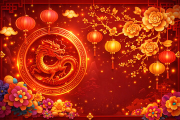 Vibrant Chinese dragon design with lanterns and flowers