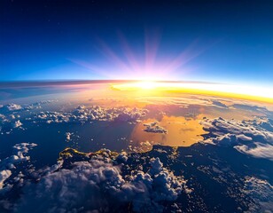 Aerial view of Earth at dawn, showcasing the sun's golden rays bursting through the atmosphere and clouds