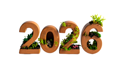 The number 2026, crafted with earth and flourishing plants, on black