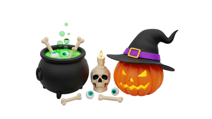 Halloween 3D Icons: Cauldron, Pumpkin, Skull, Witch Hat, Bones, Eyeballs