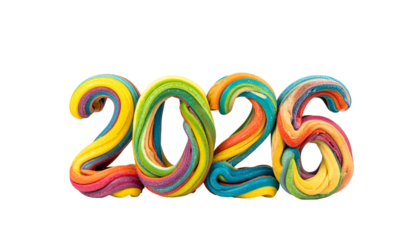 Colorful, swirling dough digits form the year 2026 against a black backdrop
