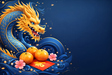 Vibrant dragon celebrating Chinese New Year with oranges