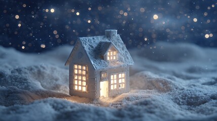 Miniature cozy cottage dusted with fresh snow sits alone in a winter wonderland scene under a sparkling starry night sky filled with bokeh lights