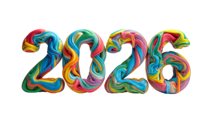 Colorful, swirling year 2026 written in a soft, layered, and vibrant style