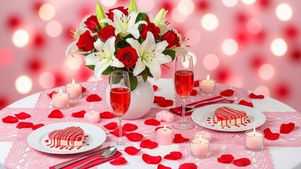Romantic Valentine Dinner Table Setting with Red Roses Lilies Wine Candles and HeartShaped Desserts