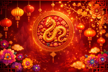 Vibrant Chinese New Year dragon design with lanterns and flowers