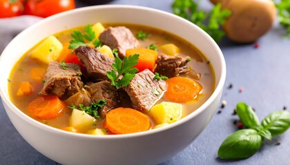 A close-up shot of a hearty stew in a white bowl, filled with chunks of meat, vegetables, and fresh herbs