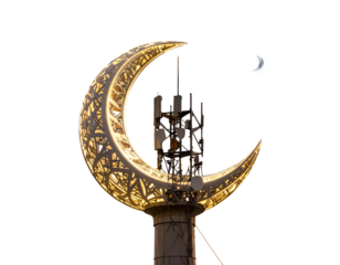 A crescent-shaped structure with antennas, alongside a smaller moon
