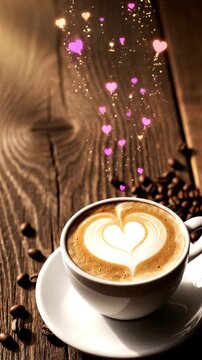 Warm close-up of a coffee cup with heart latte art on a rustic wooden table, illuminated by glowing pink hearts for love and romance concept