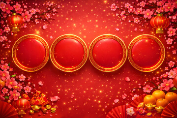 Vibrant Chinese New Year background with lanterns, flowers