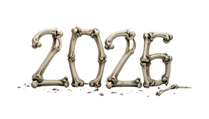 2026" displayed using bone-shaped letters, isolated on black background