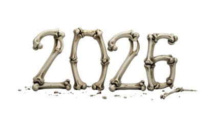 2026" displayed using bone-shaped letters, isolated on black background