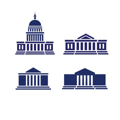 Set of minimalist government building icons in blue, featuring classical columns and domes, representing institutions, law, and authority.