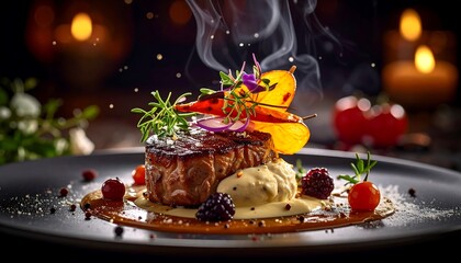 A close-up shot of a gourmet steak dish with vegetables and sauce on a dark plate, steam rising