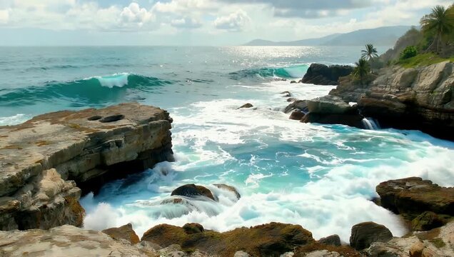 Slow motion coastal footage of foamy ocean waves crashing against rocky shoreline at Seixo Branco near Oleiros Coru&ntilde;a capturing raw nature power cinematic 