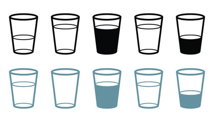 Water Glass Icon Vector Set, Blue and Black Flat Outline, Including Tall, Full, Half, and Empty Drink Glasses, Milk and Water Symbols, Line Pictograms