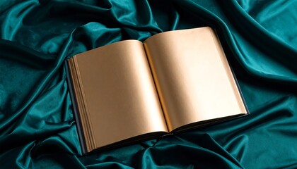 An open book with blank golden pages rests on a bed of folded, teal-colored fabric. The lighting creates shadows and highlights