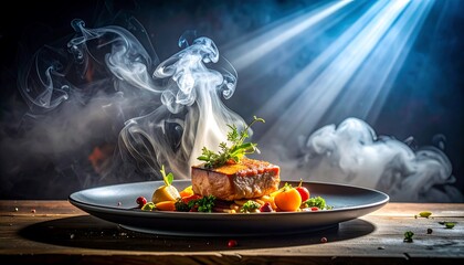 A close-up shot of a gourmet dish, artfully presented on a black plate, with smoky vapor rising