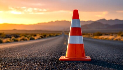 An orange and white traffic cone sits on an asphalt road stretching towards distant mountains under a beautiful sunset sky