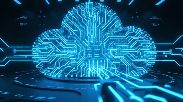 advanced ai finance concept with a luminous cloud structure containing a circuit based brain blue neon data streams and secure network lines representing financial intelligence and cyber security futu