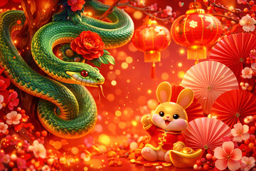 Vibrant Chinese New Year scene with rabbit and snake