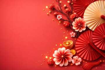 Vibrant Chinese New Year decoration with flowers and fans