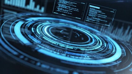 Holographic futuristic heads up display interface showing abstract digital data analysis and complex technology visualization - Powered by Adobe