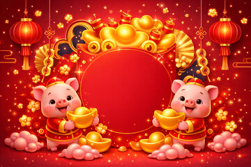 Cute pigs in traditional Chinese attire holding gold