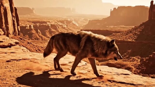 Dire wolf walking on a rocky cliffside in a desert landscape with warm orange tones.