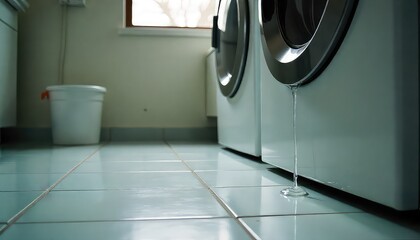 Water drips steadily from a broken washing machine onto the tiled floor in a utility room, indicating a household plumbing problem, repair need, or appliance malfunction.