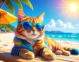 Animated cat enjoys beach day. Cat wearing sunglasses rests in the sun. Colorful shirt on chair next to the ocean