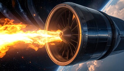 A close-up view showcasing an aircraft engine expelling flames against the backdrop of Earth and space. Detailed, dynamic