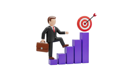 Businessman climbing bar graph towards bullseye target