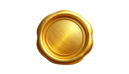 Gleaming circular golden wax seal with slightly uneven edges, isolated on black