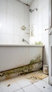 Grungy bathroom with mold and tile, showing neglect and disrepair in a vertical view