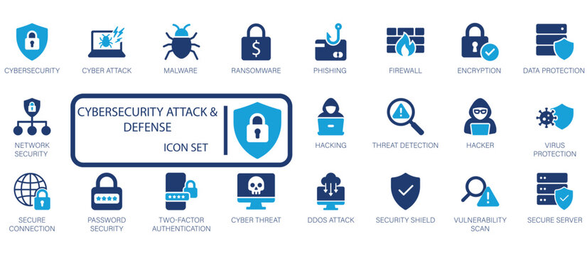 Cybersecurity attack and defense icon set featuring network security, data protection, malware, phishing, hacking, encryption, firewall, and cyber threat prevention symbols.